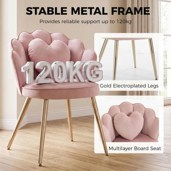 Accent Chair Velvet Upholstered Armchair Lotus Back Heart Pillow Lumbar Pillow Metal Legs Soft Pink