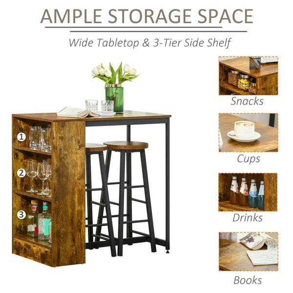 Rustic brown bar table with wide top and 3-tier side shelf with two stools