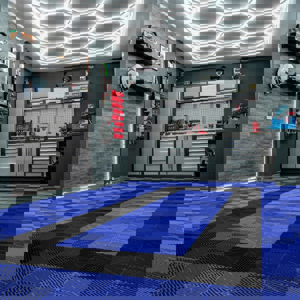 Monstershop Vented Garage Floor Tiles With Edges – 90 Blue & 30 Black