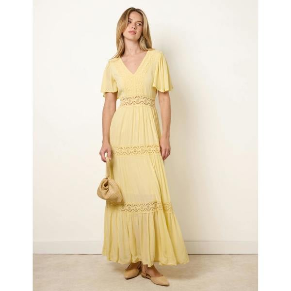 Blue Vanilla V-Neck Tiered Crochet Detail Maxi Dress