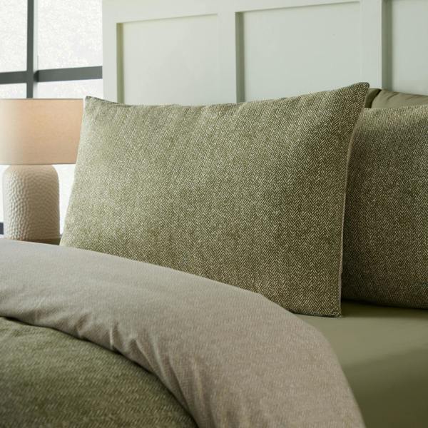 Catherine Lansfield Brushed Herringbone Cotton Reversible Duvet Cover Set Green