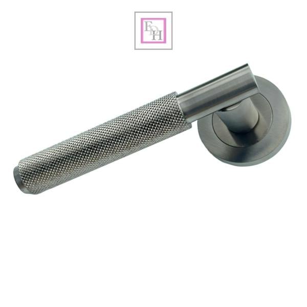 EDH Door Hardware Satin Nickel Knurled Door Handles on Round Rose – Modern Internal Lever Handle