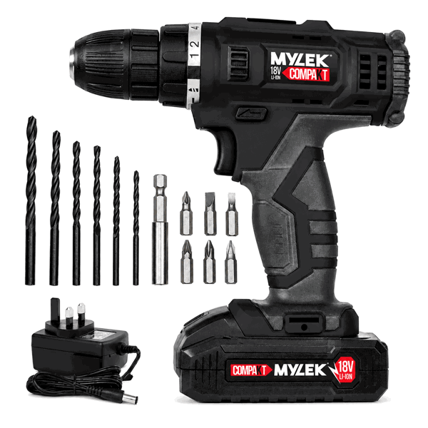 Mylek 18V Cordless Li-ion Drill And 13 Piece Accessory Set