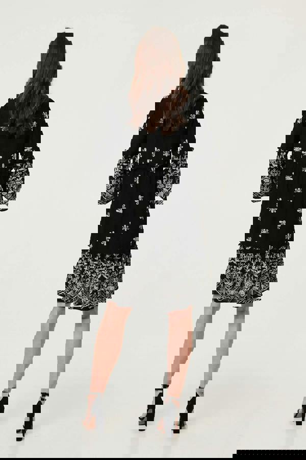 Black | Border Print Relaxed Tiered Short Dress