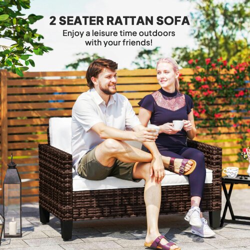 Wyld Haus Palo Brown Rattan 2 Seater Outdoor Sofa With White Cushions