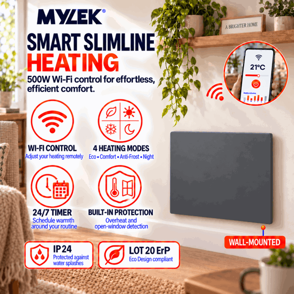 MYLEK Panel Space Heater 500W Eco Smart WiFi App Radiator Electric Slim Low Energy IPX4 rated