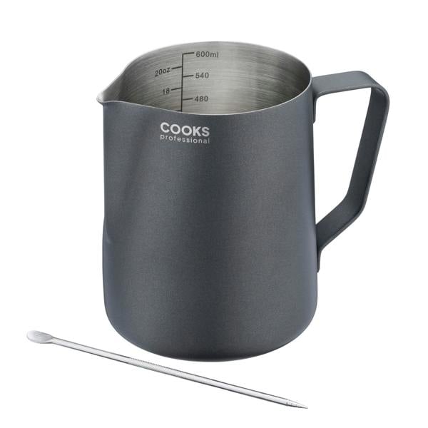 Cooks Professional Stainless Steel 600ml Milk Steaming Jug | Black | Latte Art Pen Included