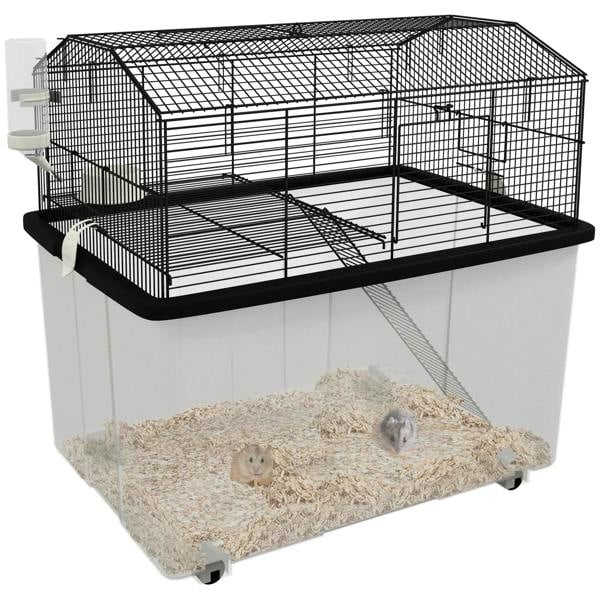 Black two-tier pet hamster cage with ramp, deep base, water bottle, and food dish