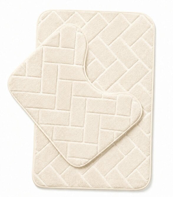 Night Zone Memory Foam Bath Mat Set – Block Bricks Design Non-Slip Bathroom Rug - Cream
