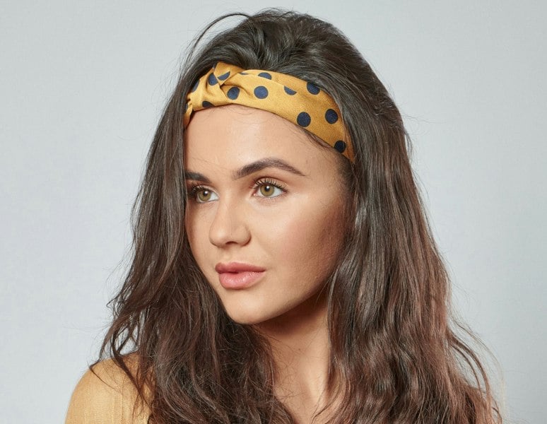Antonia York Mustard Yellow with Navy Spot Silky Twisted Knot Rigid Headband