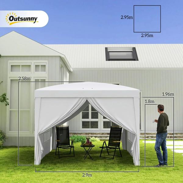 White pop-up gazebo with zippered front door and large window panels for outdoor parties