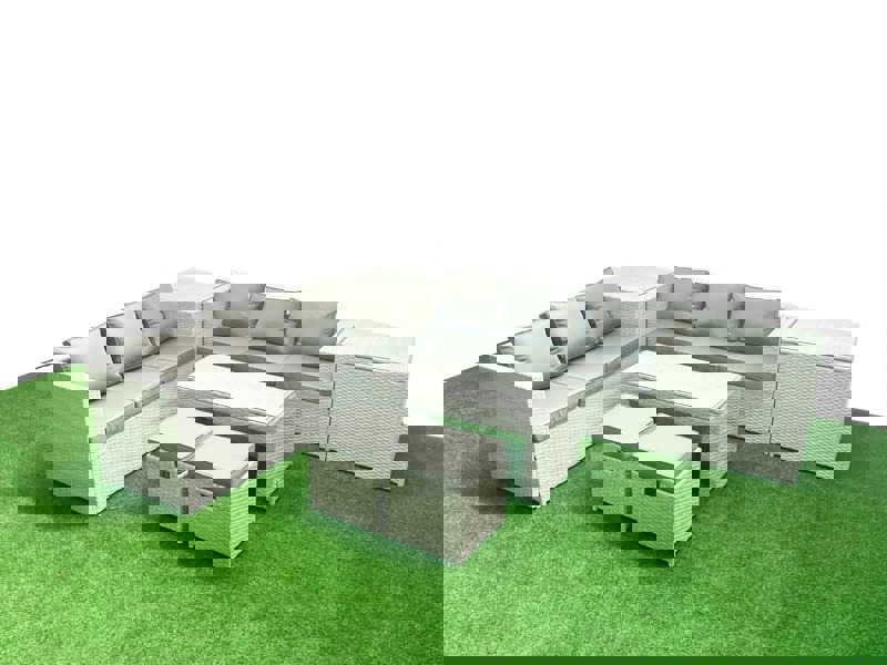 Fimous 8 Seater Garden Outdoor Rattan Furniture Set Rattan Garden Sofa Oblong Coffee Table with 2 Small Footstool 2 Side Tables Light Grey Mixed