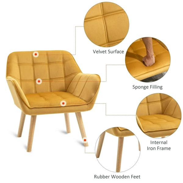 Yellow velvet accent chair with sponge filling and internal iron frame