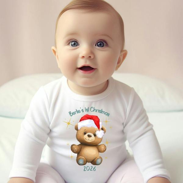 Aye Do Gifts Personalised 1st Christmas Teddy Baby Vest, Babygrow or Bib, Newborn Xmas Gift