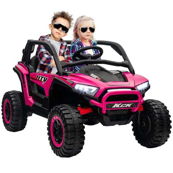 Pink 2-seater electric ride-on truck with open seats, steering wheel, large tread tires