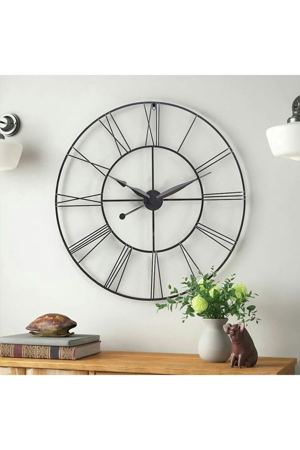Living and Home 80cm Large Silent Non-Ticking Metal Skeleton Roman Numeral Wall Clock Iron Art Decor for Living Room, Bedroom & Office