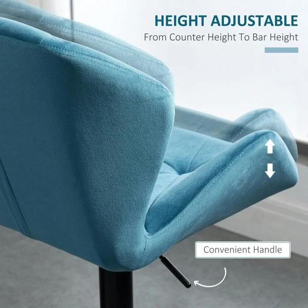 Blue velvet bar stool with curved back and height-adjust handle, black footrest