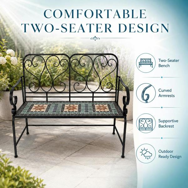 Marrakech Mosaic 2 Seater Garden Bench, 112cm Outdoor Patio Seat with Ceramic Tile Seat, Scrollwork Backrest & Metal Frame image 7