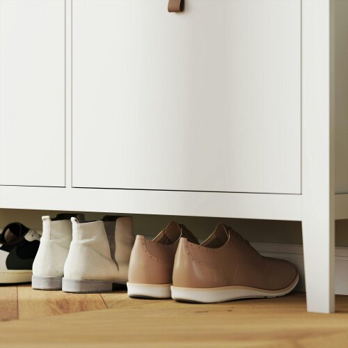 Wyld Haus Milese Wooden White and Natural Modern 4 Drawer Shoe Cabinet Faux Leather Handles