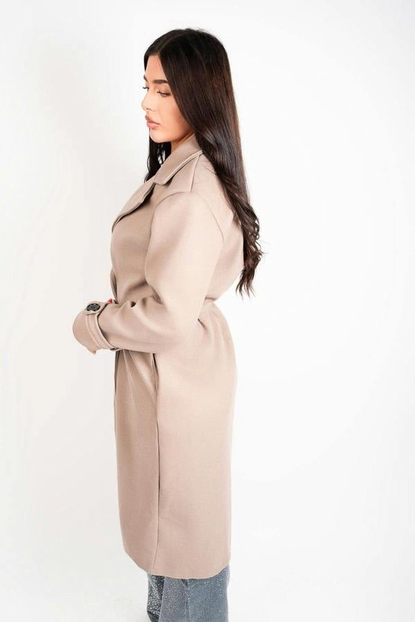 Avlina Double Breasted Belted Longline Coat - Brown