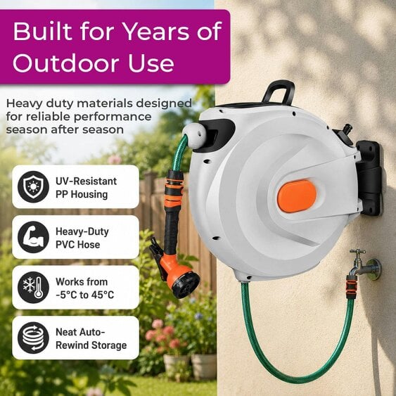 Neo Direct 30m Retractable Garden Hose Reel Wall Mounted 180° Swivel Bracket 8 Spray