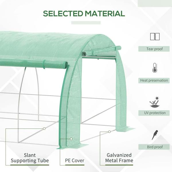 Green greenhouse tent with PE cover, slanted support tubes and galvanized metal frame