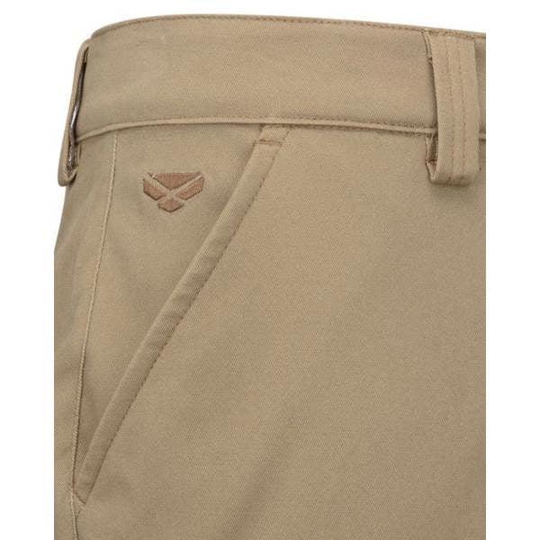 Hoggs of Fife Carnoustie chino trousers front pocket detail in beige with embroidered logo and cotton twill fabric