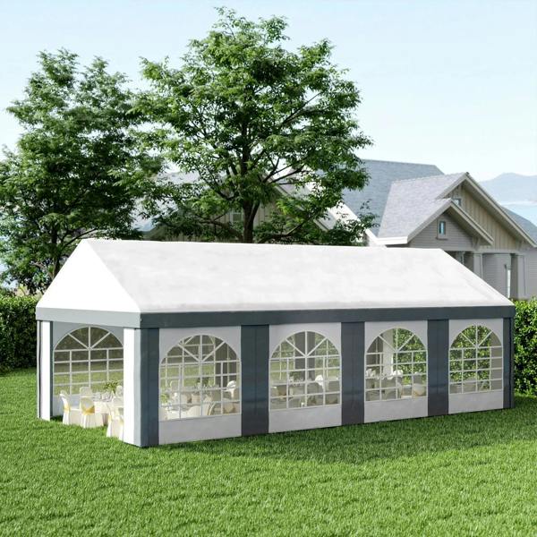 Light grey marquee gazebo with white roof and arched window panels along the side