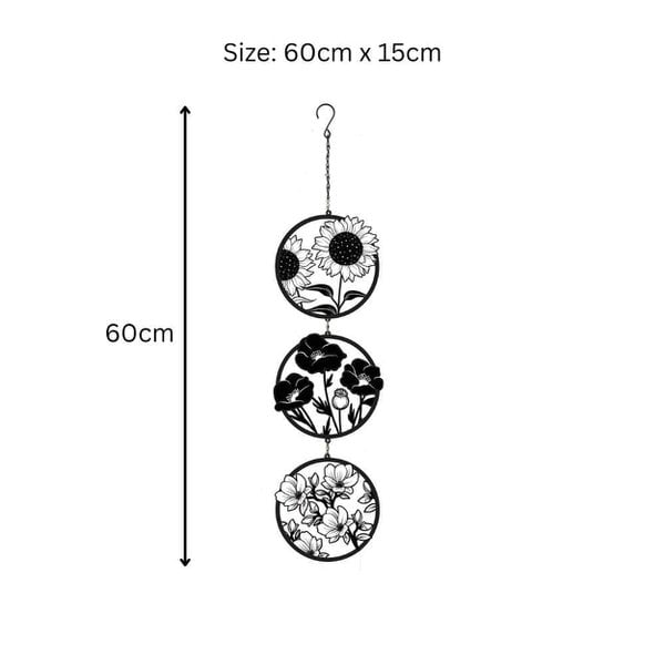 EDH Door Hardware Black Floral Silhouette Hanging Trio Spinner – 60cm x 15cm | Metal Kinetic Wind Spinner for Garden & Home