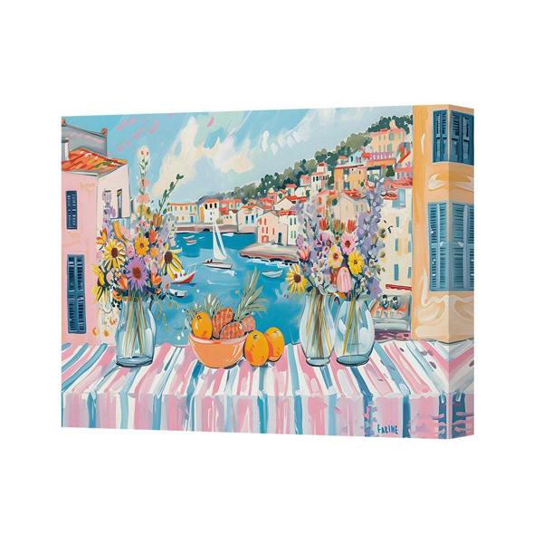 Benjamin Tate Design Vibrant Mediterranean Coastal Town Canvas Art With Floral Arrangements