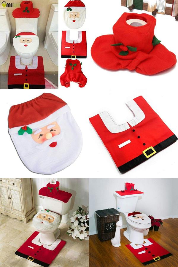 41cm Christmas Toilet Seat Cover and Bathroom Mat Set, 3 Piece Santa Style Holiday Decor in White image 6