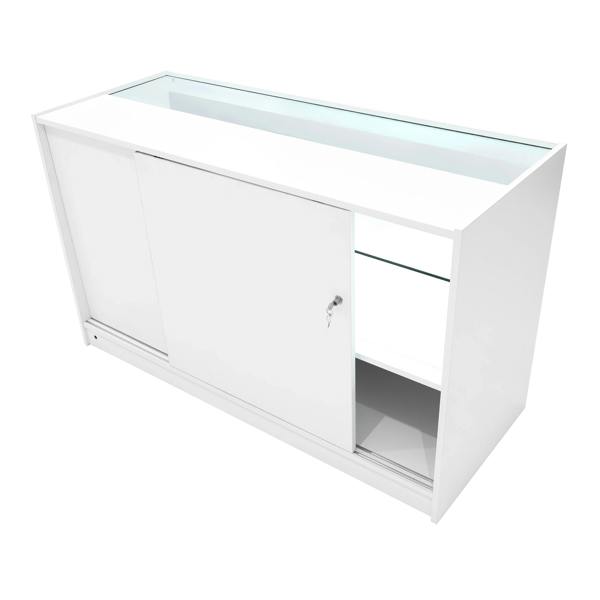 Sleek white Eclipse LED shop counter set with sliding doors, glass display top, and spacious storage compartments for retail use