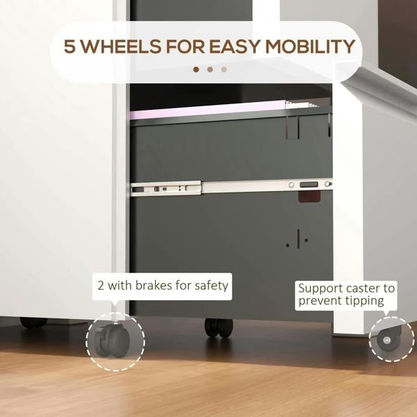 2-drawer filing cabinet on rolling casters with interior drawer rails visible