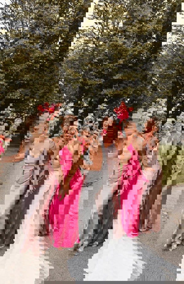 hot pink and rose baby pink satin slip bridesmaids dresses