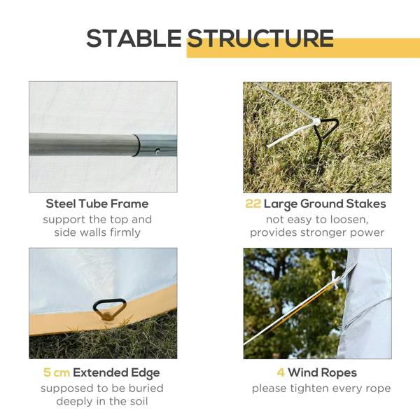 White gazebo features steel tube frame, large stakes, extended edge, wind ropes