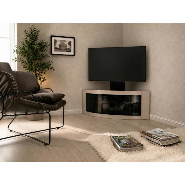 Homeology PANGEA Black/Greige Beam-Thru Curved True-Corner 32"-50" TV Cabinet with Mounting Arm