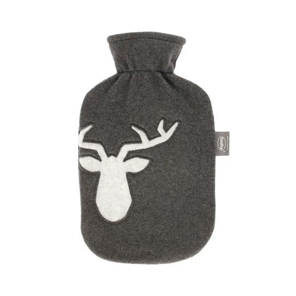 Dark gray Fashy 2L hot water bottle with reindeer fleece cover