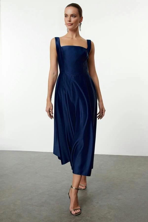 Square Neck Thick Strap A-Line Satin Maxi Dress