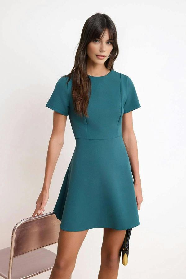 WOVCOR Waist-Fronted Short Sleeved Mini Stretch Woven Dress