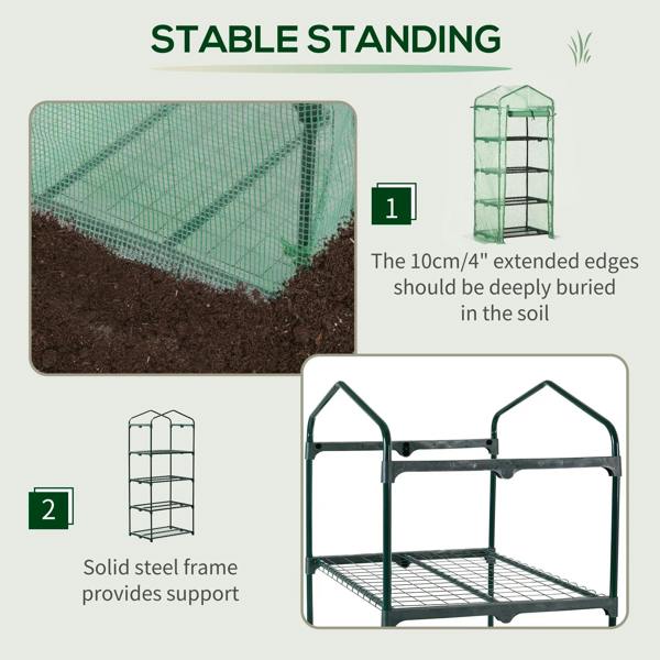 4-tier portable greenhouse with solid steel frame and green PE mesh cover for plants