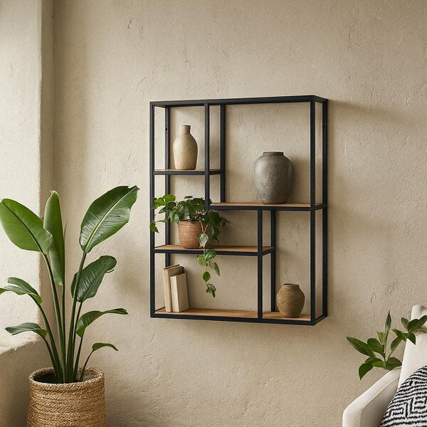 Wyld Haus El Paso Black Metal and Wild Oak Veneer Wide Wall Bookcase 3 Shelves