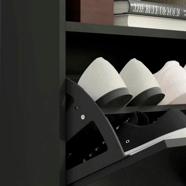 High-gloss black shoe cabinet interior showing rows of white and dark shoes on shelves
