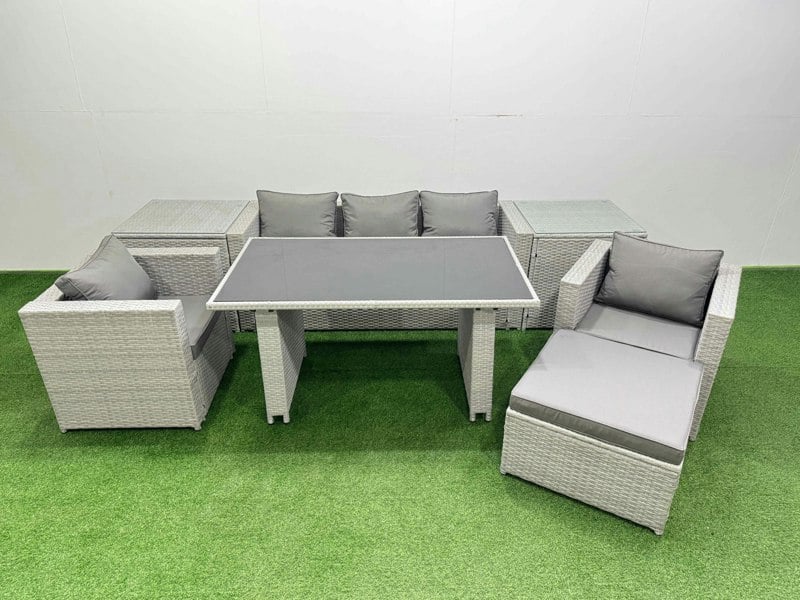 Fimous Patio Garden Furniture Sets with Black Glass Top Dining Table Armchair 3 Seater Sofa 2 Side Tables Big Stool Light Grey