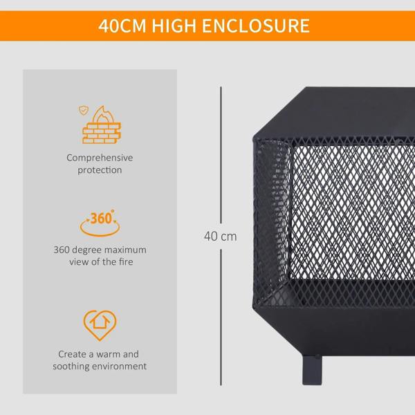Black square outdoor fire pit with tall mesh enclosure and open lid