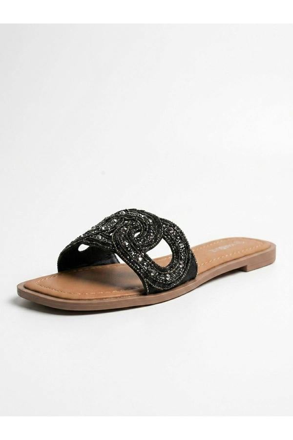 Maud Embellished Woven Knot Flat Sliders - Black