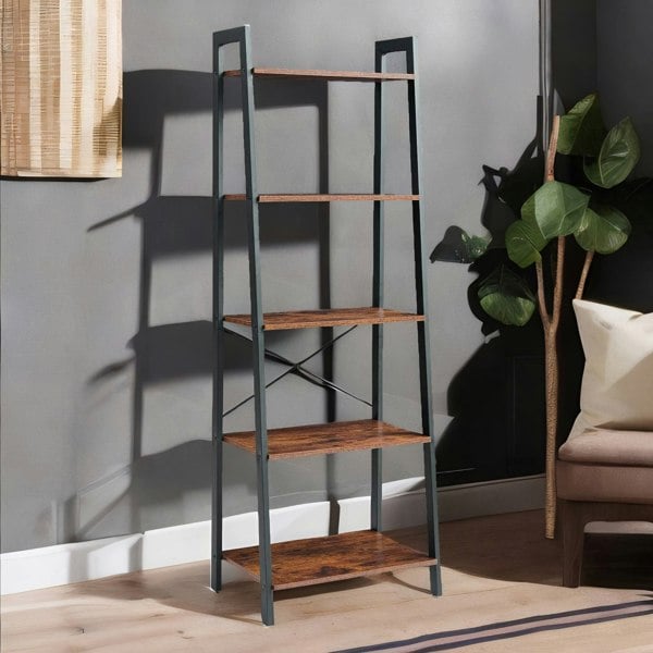 Rafaelo Mobilia 5 Tier Free Standing Ladder Shelf For Living Room Storage Rustic Brown