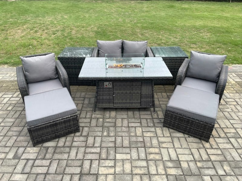 Fimous Patio Outdoor Rattan Garden Furniture Set Propane Gas Fire Pit Table Burner with Love seat Sofa 2 Big Footstool 2 Side Tables