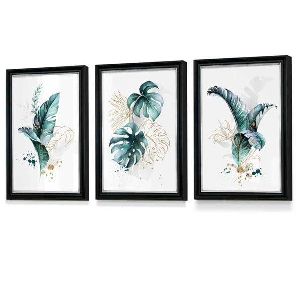 Artze Wall Art Teal Blue and Gold Botanical Set of 3 Floral Framed Prints