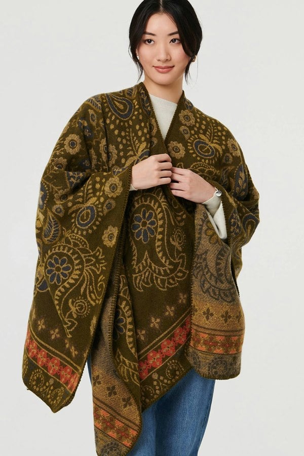 Beige | Border Print Longline Poncho
