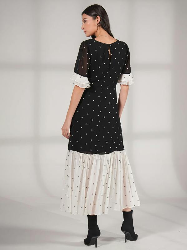 Rose & Nancy Saphi Black and White Pindot Spot Midi Dress